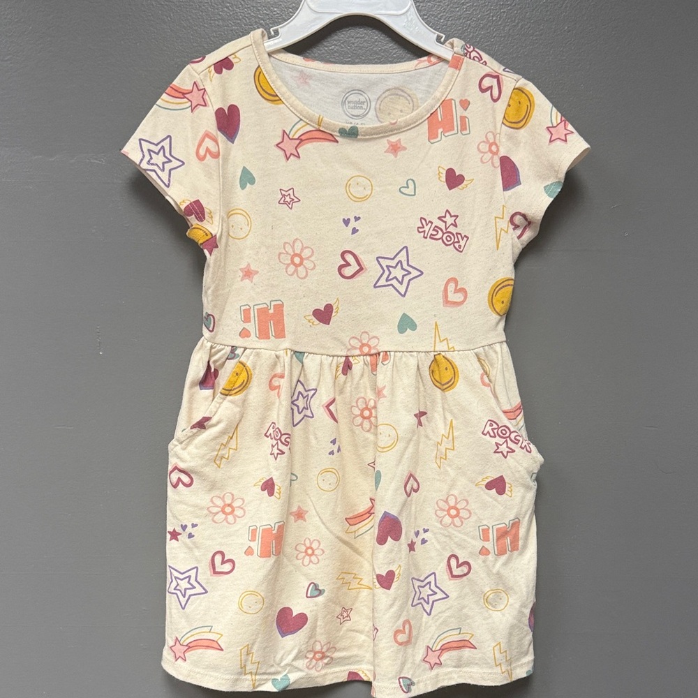 wonder nation Cream Graphic Pocket Dress with Pink, Purple & Yellow Prints